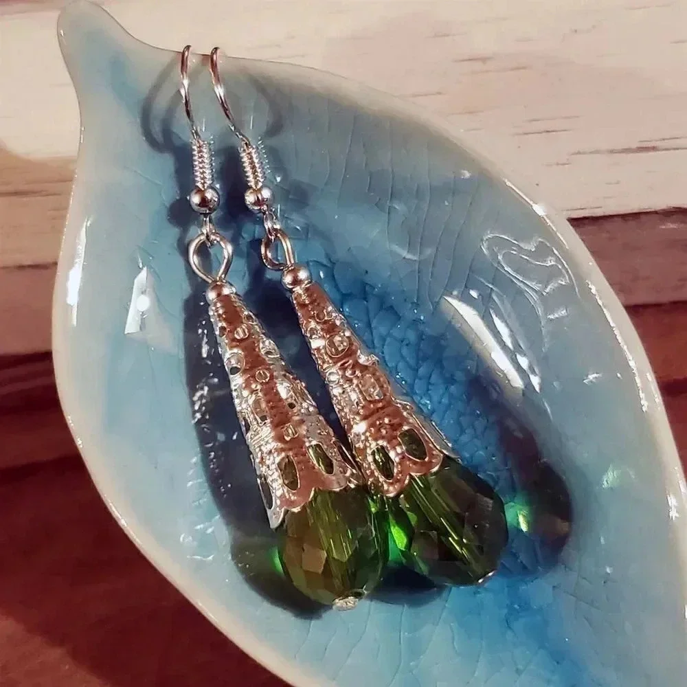 Hand Crafted Caged Filigree Faceted Green Crystal Silver Teardrop Earrings